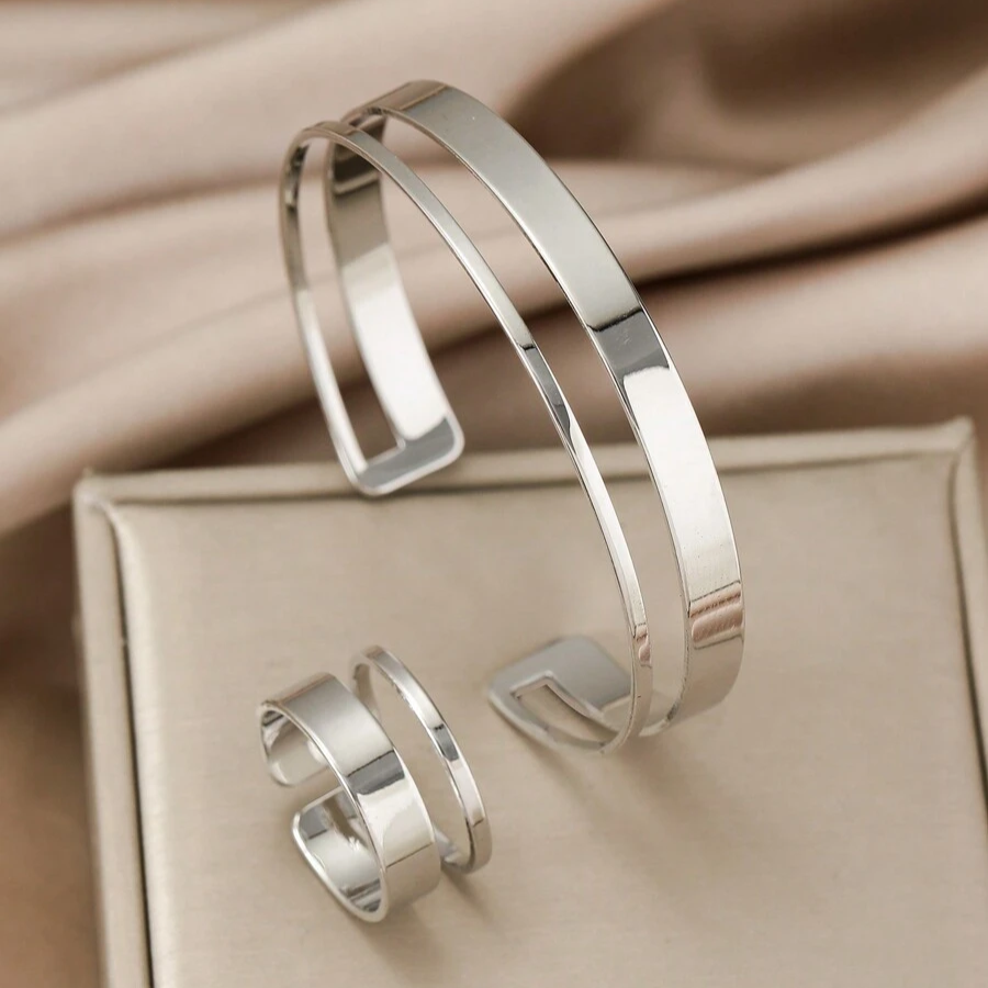 Conjunto de semijoias - Pulseira e Anel Geométrico paralelas Minimalista