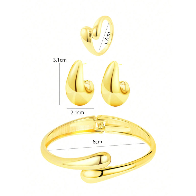 Conjunto Gota em aço inoxidável - Brincos, anel e bracelete