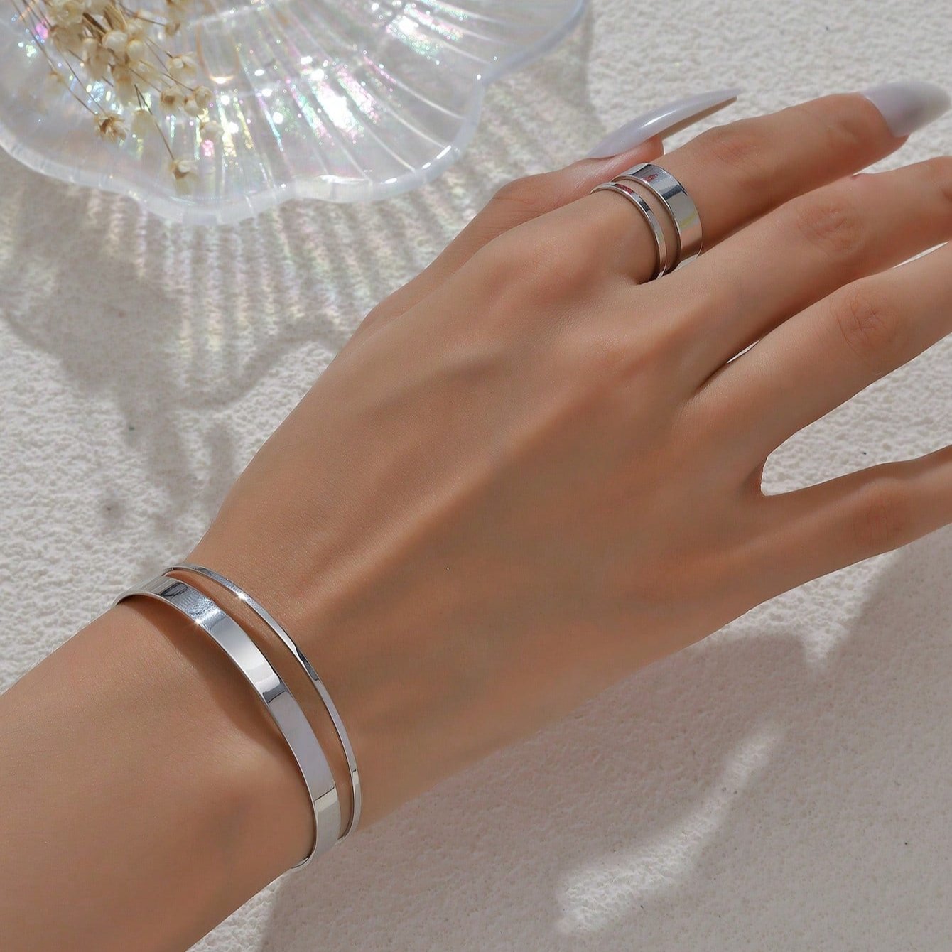 Conjunto de semijoias - Pulseira e Anel Geométrico paralelas Minimalista